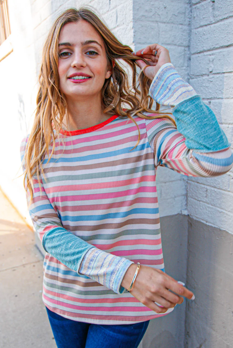 Coral Taupe Multistrip Rib Out Seam Detail Top
