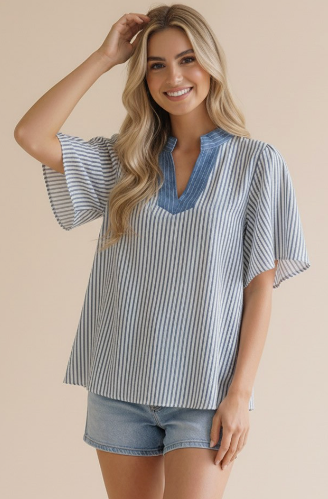 Breezy Stripe Flutter Sleeve Top