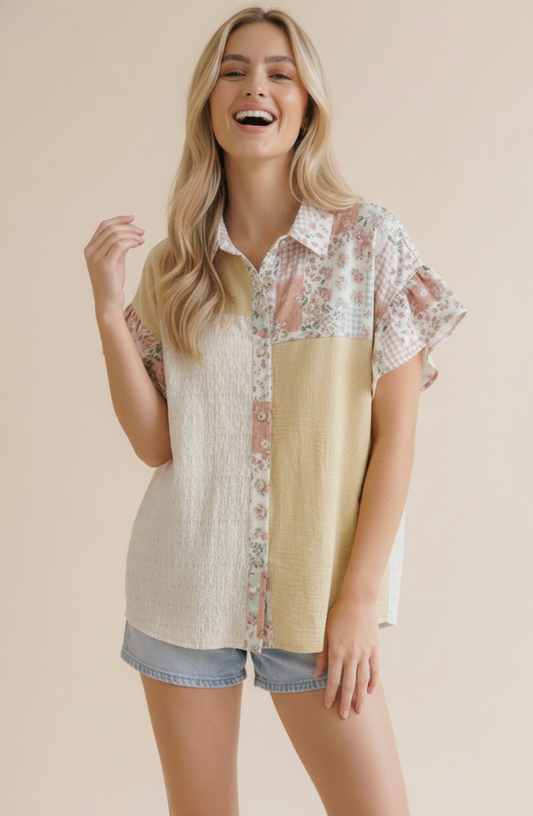 Pretty Patchwork Floral Button Down Top