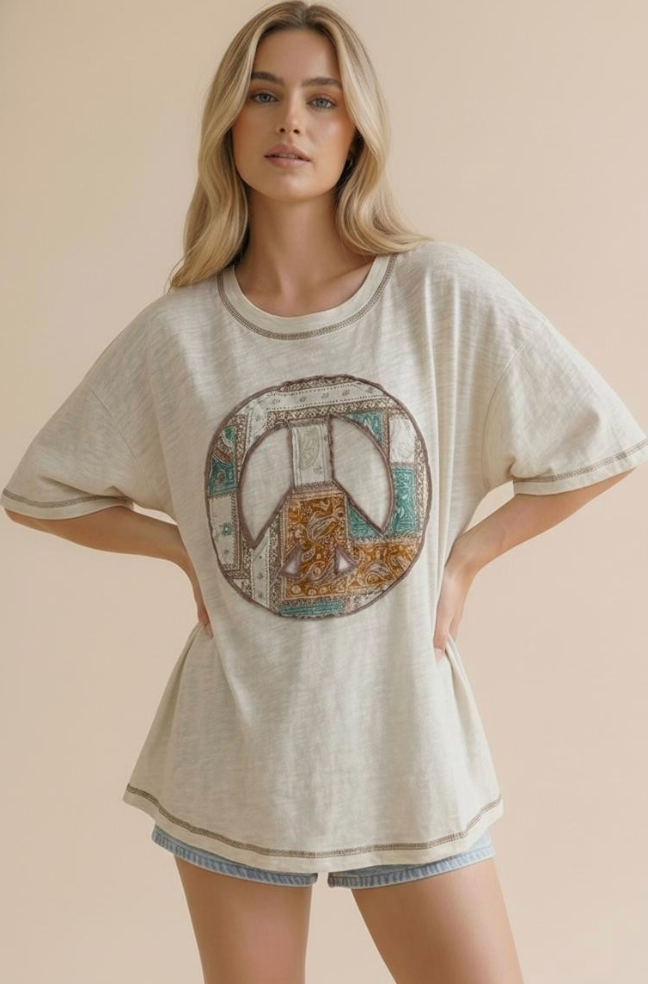 Boho Peace Patchwork Oversized Graphic Tee
