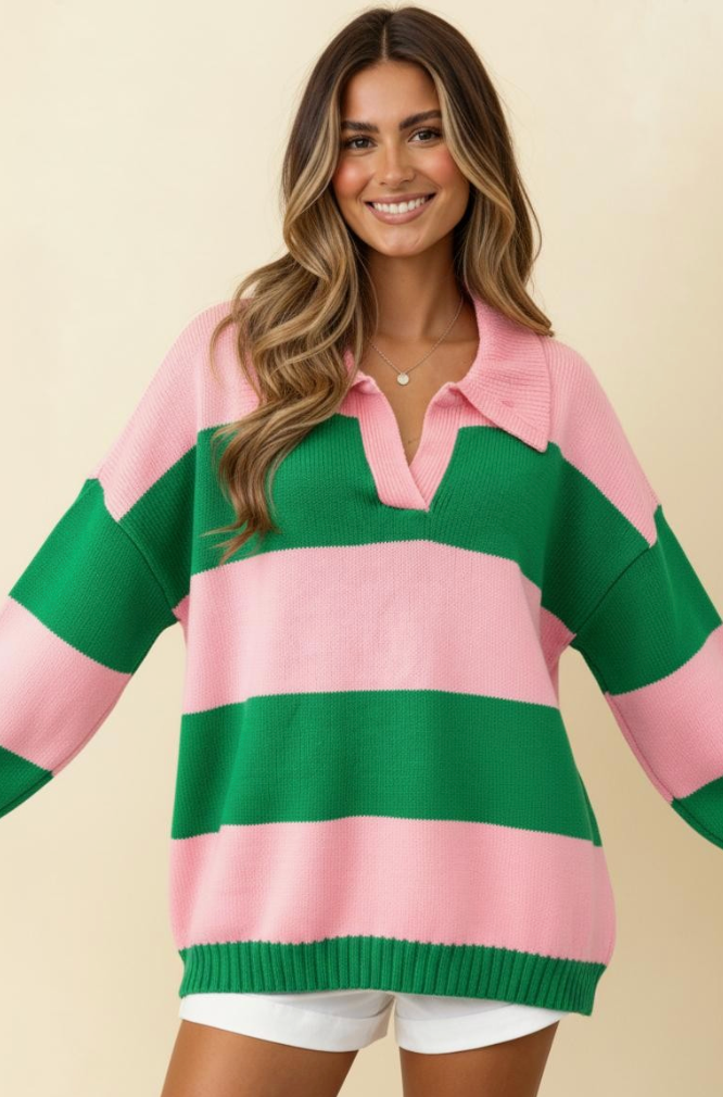 I'll Be On The Sidelines Green and Pink Sweater