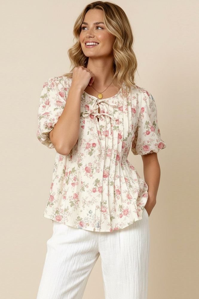 With a Rosy Glow Cream Pleated Top