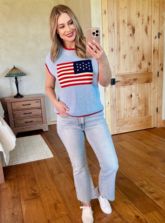 USA Flag Blue Sweater Knit Top