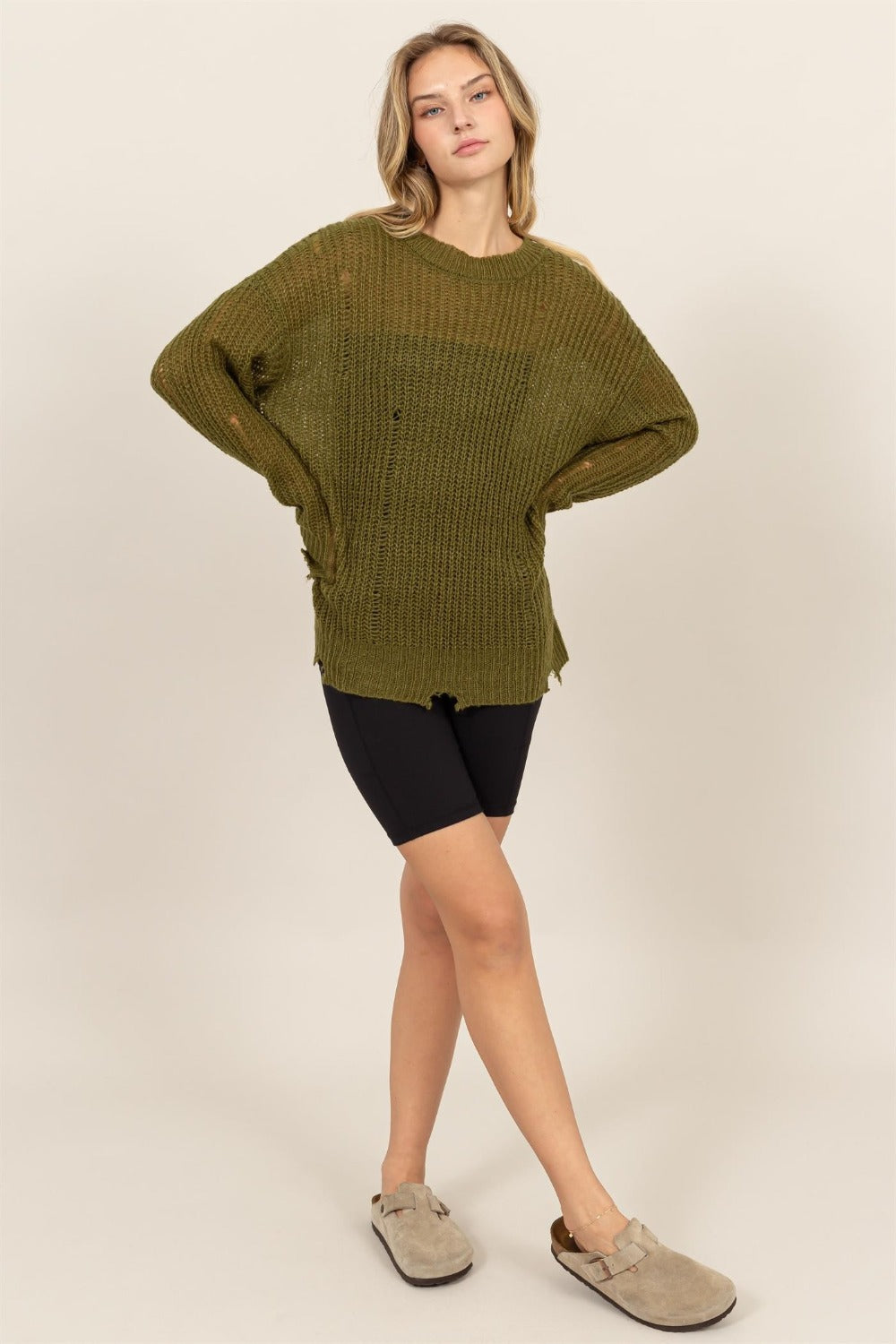 Dani Distressed Long Sleeve Knit Top - Moss