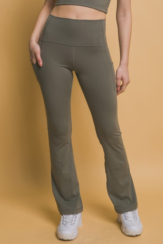 High Waist Flare Active Leggings with Pockets - Moss