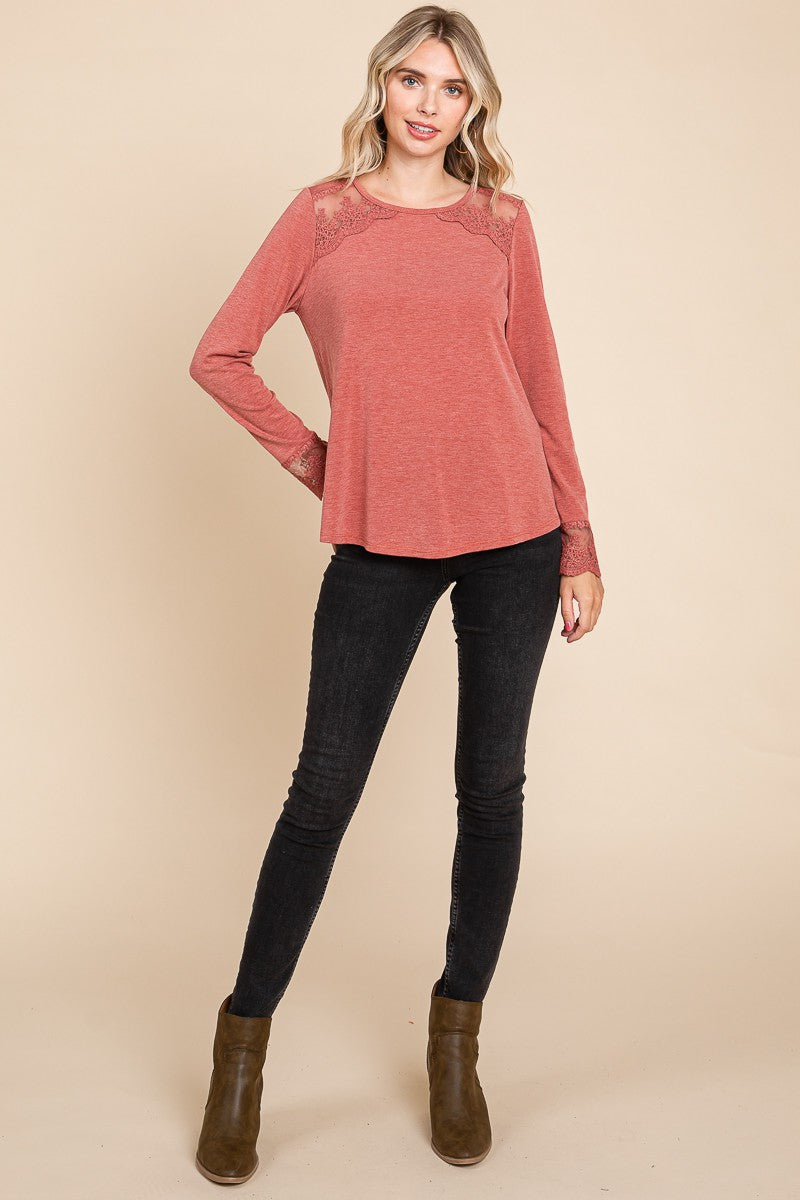 Lovely Lace Detail Round Neck T-Shirt - Rust