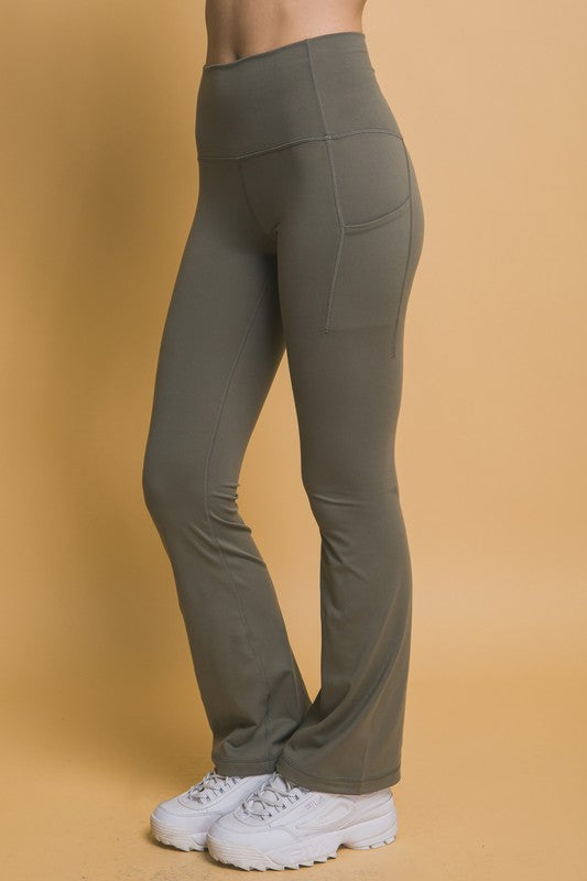 High Waist Flare Active Leggings with Pockets - Moss